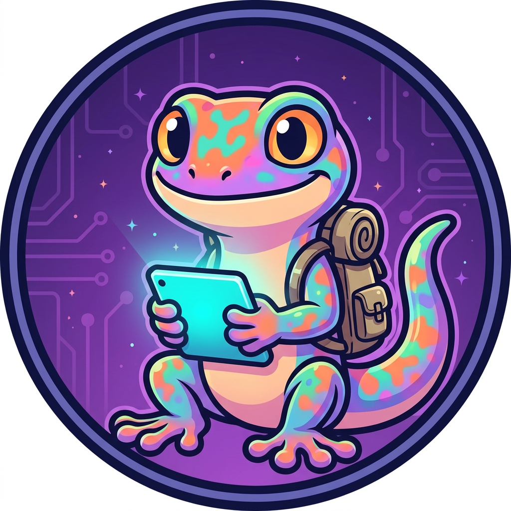 Neon Ink gecko mascot carrying a backpack with a glowing tablet