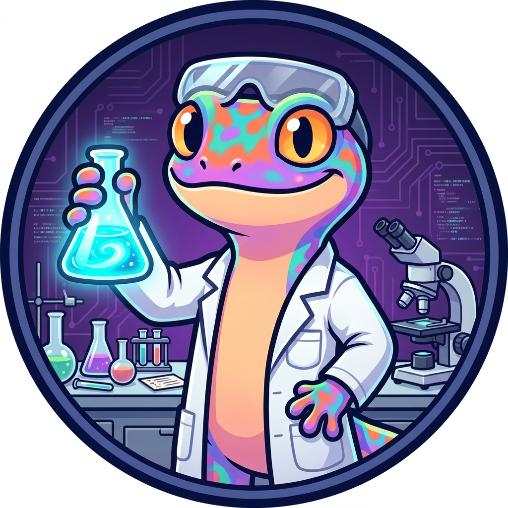 Gecko in a lab coat holding a glowing flask