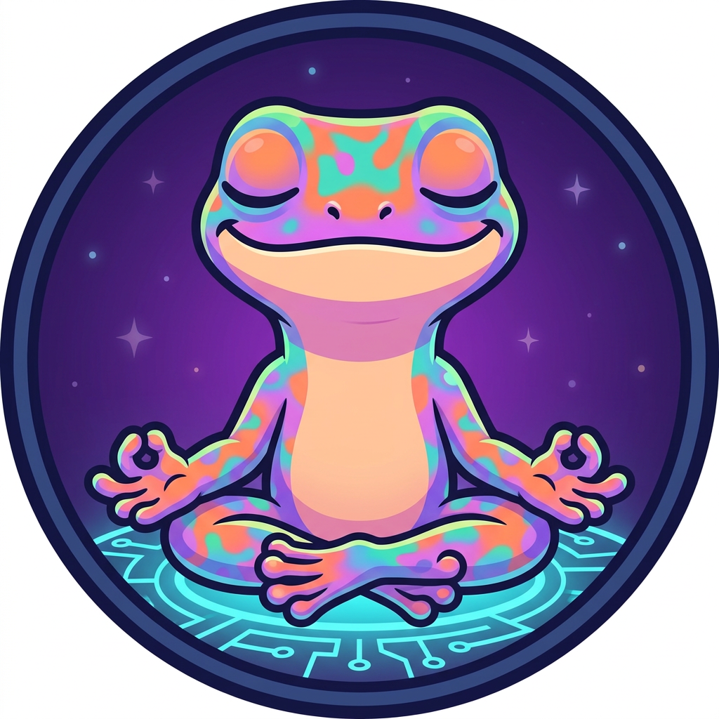 Calm gecko meditating on a glowing circuit platform