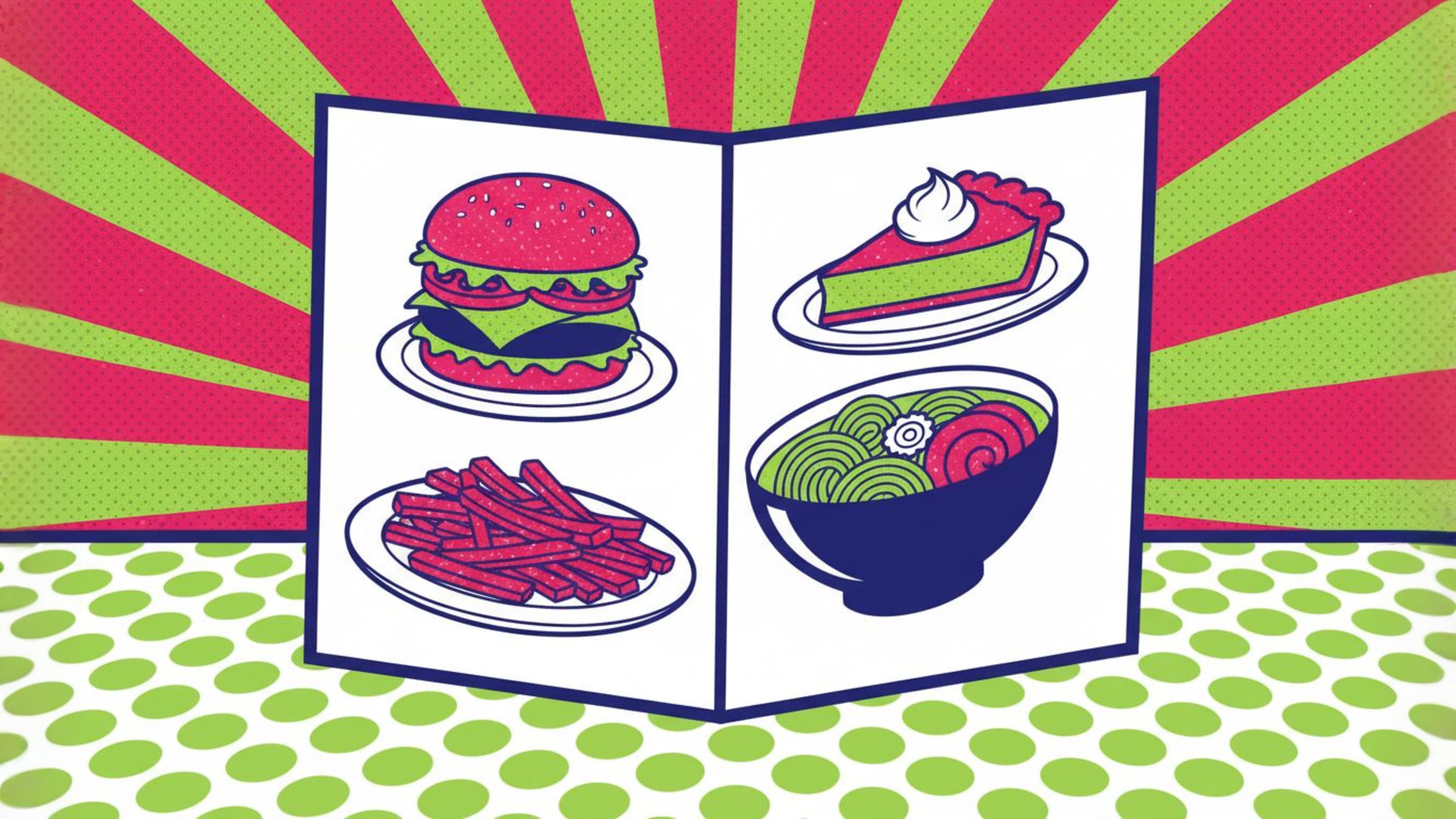 Restaurant menu design mockup with typography, sections, and dish listings on a table